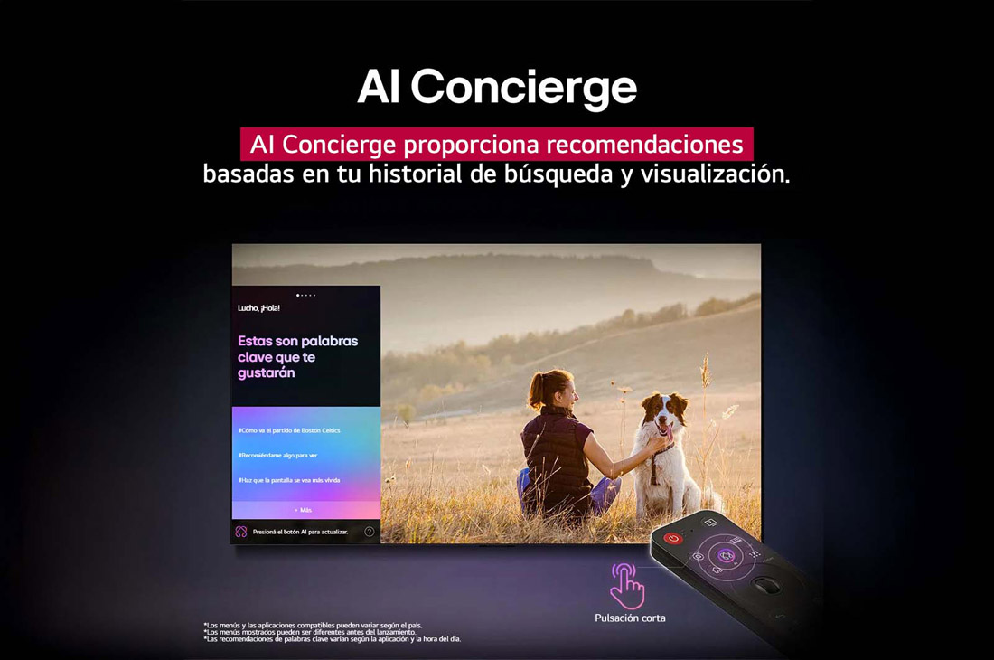 LG TV LG NanoCell AI 75'' │ UHD 4K │ Procesador Alpha 7 4K Gen8, Un LG AI Magic Remote frente a la pantalla de una LG TV. En la pantalla, aparece un saludo personalizado de LG AI con palabras clave personalizadas basadas en el historial de búsquedas y visualizacion, 75NANO80ASA, thumbnail 12